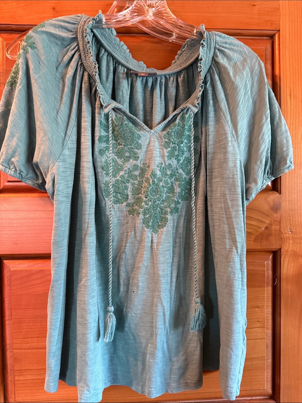 Style & Co. Teal Embroidered Peasant Tunic with Tassel Tie